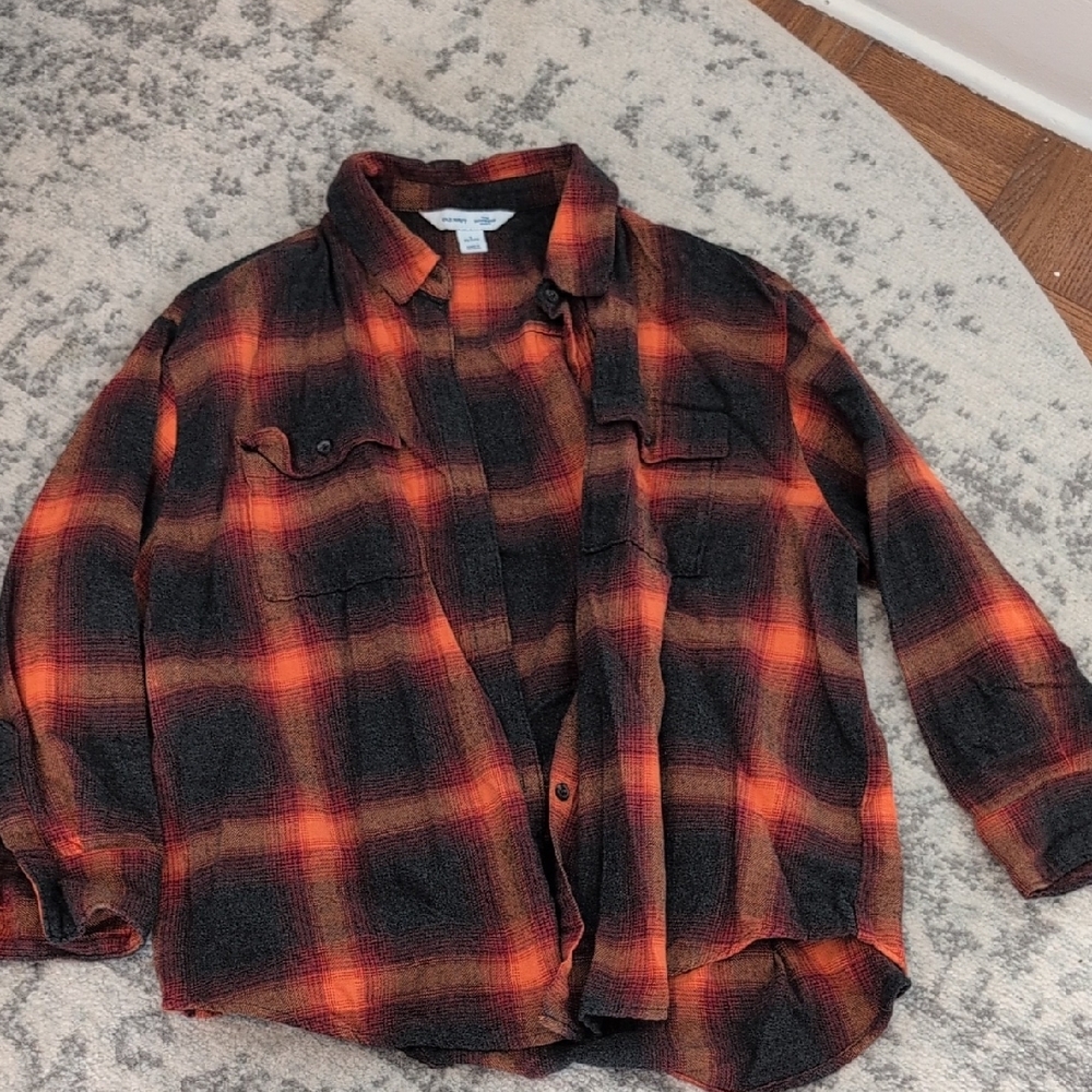 Orange and Black Plaid Flannel Shirt